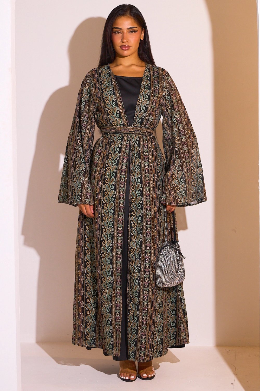 Black abaya and multicoloured kimono set