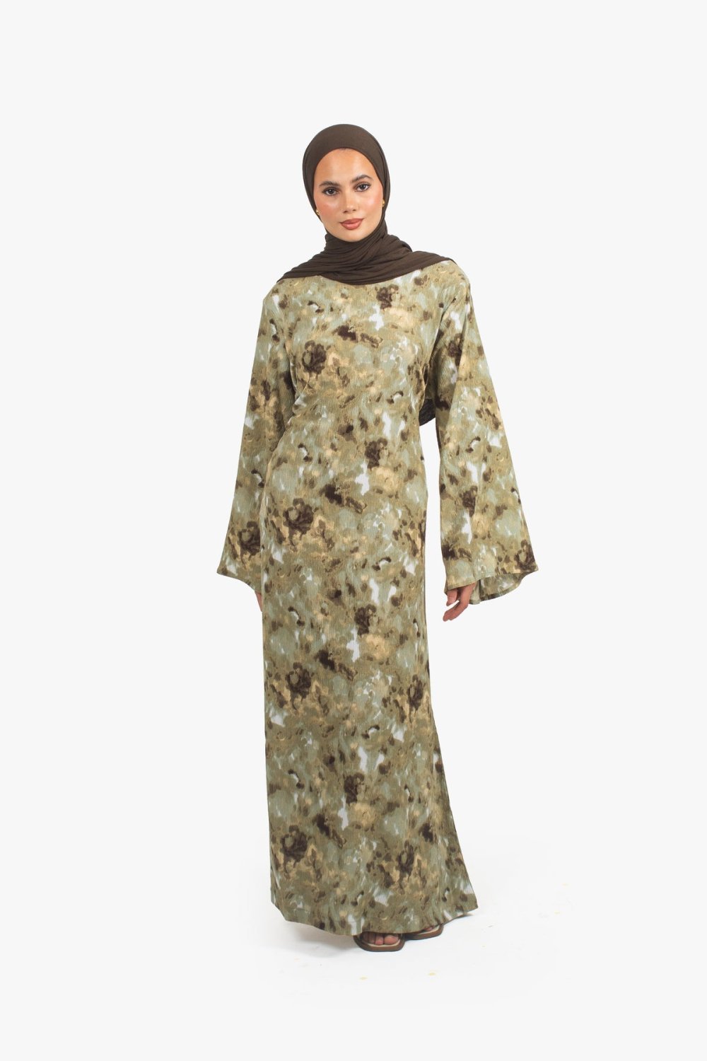 Wide-sleeve print abaya - Khaki