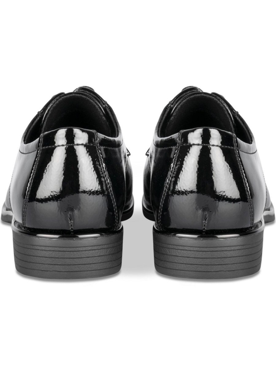 Black patent low-heel derbies