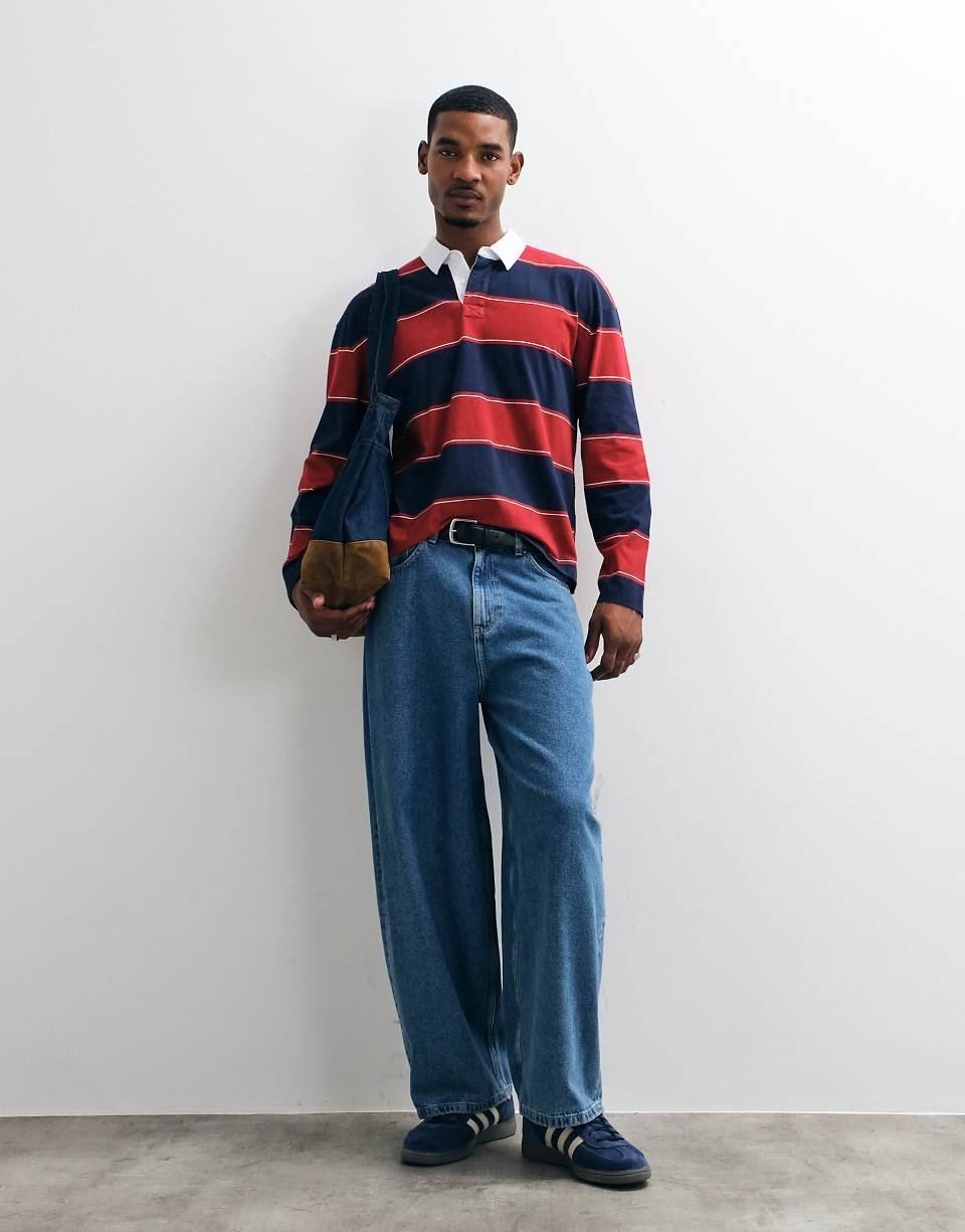 Oversized striped long-sleeve rugby polo