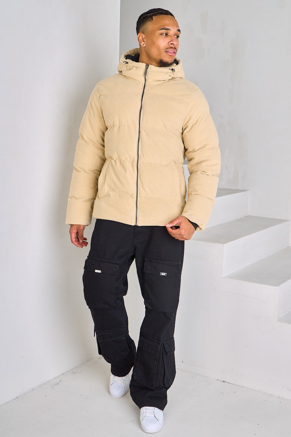 Hooded corduroy puffer jacket in beige