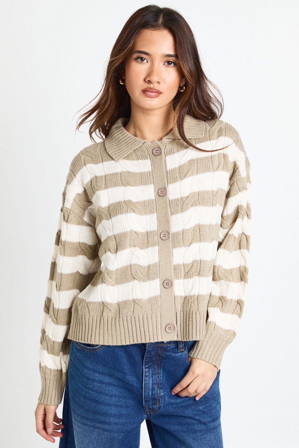 Striped cable-knit collared cardigan