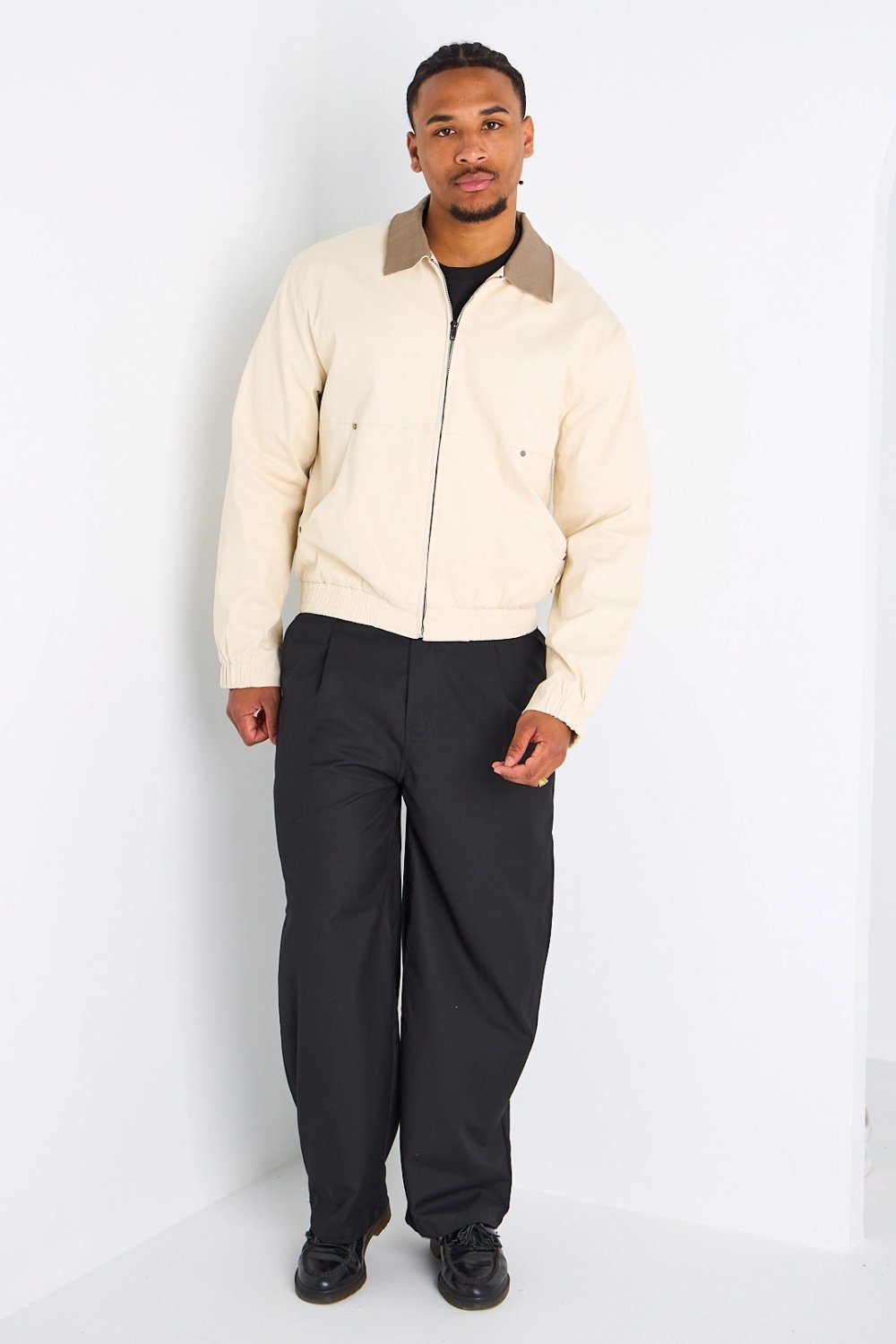 Veste zippée bicolore à col rabat beige