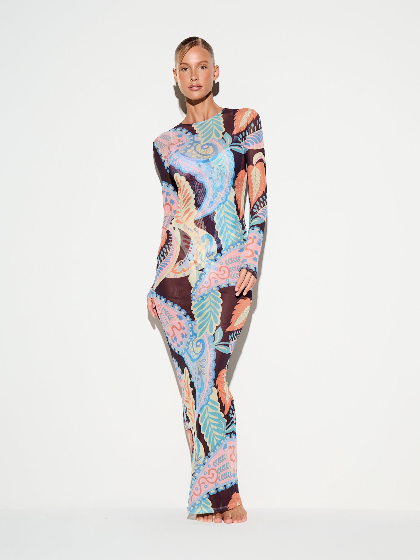 Semi-sheer paisley mesh bodycon dress