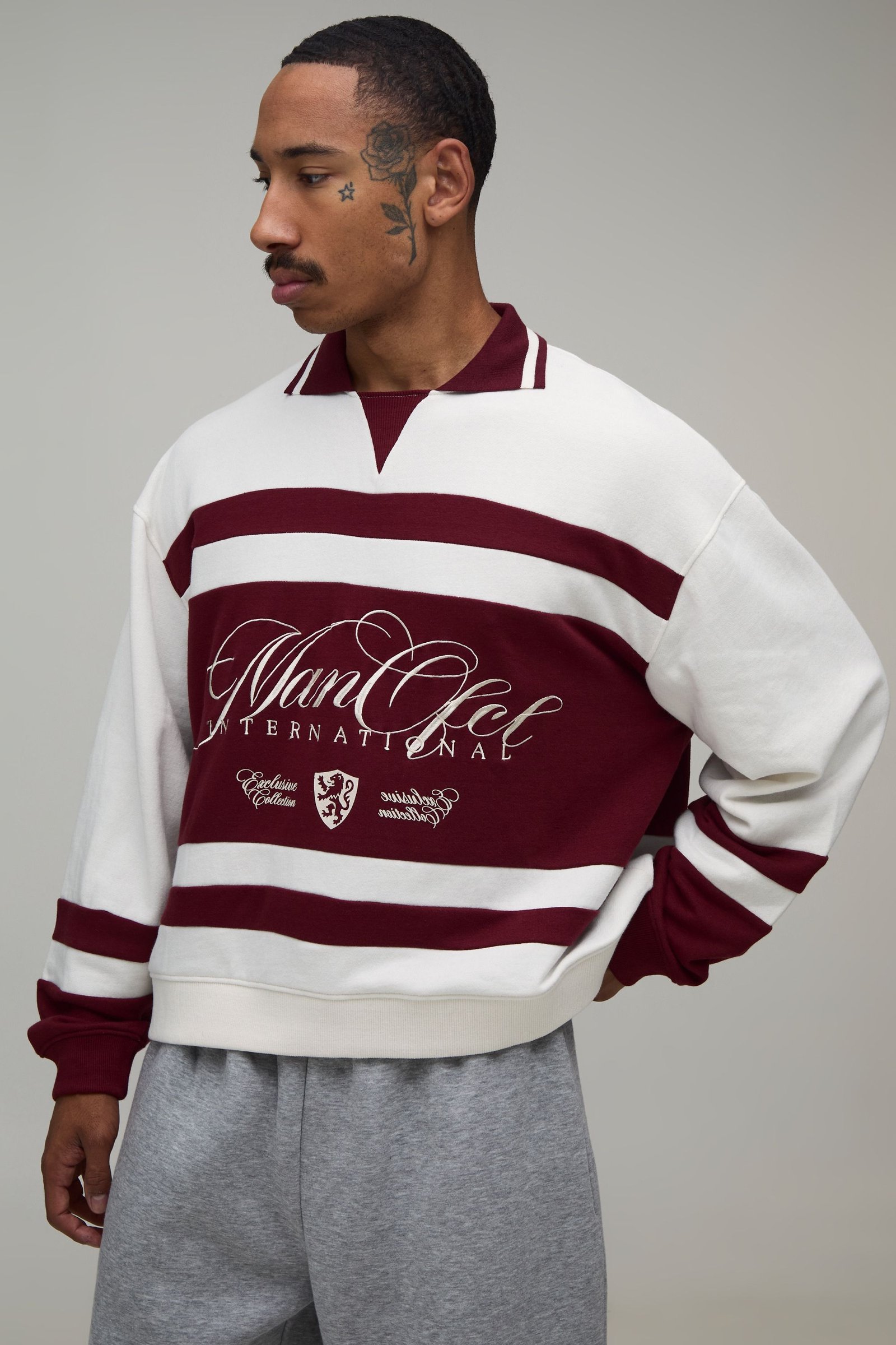 Oversized embroidered long sleeve rugby polo