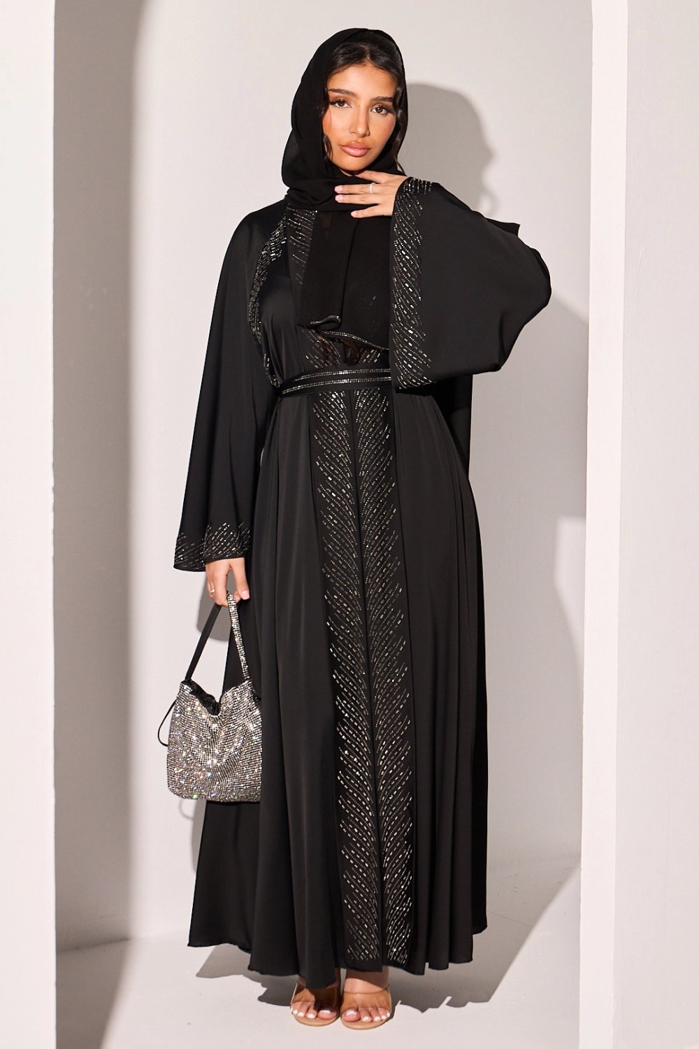 Black abaya with rectangle rhinestone stripes