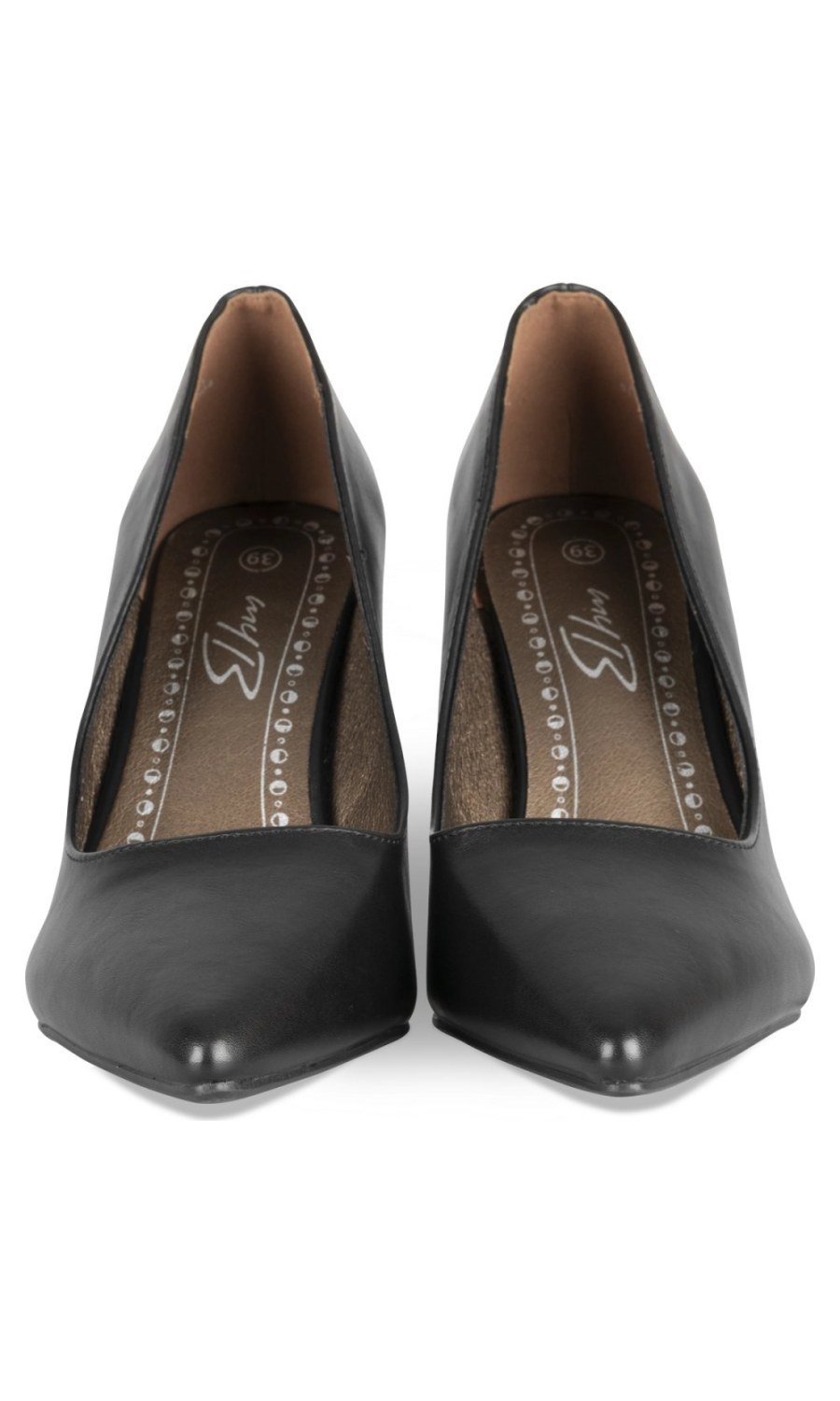 Black stiletto pumps with gold-tone trim