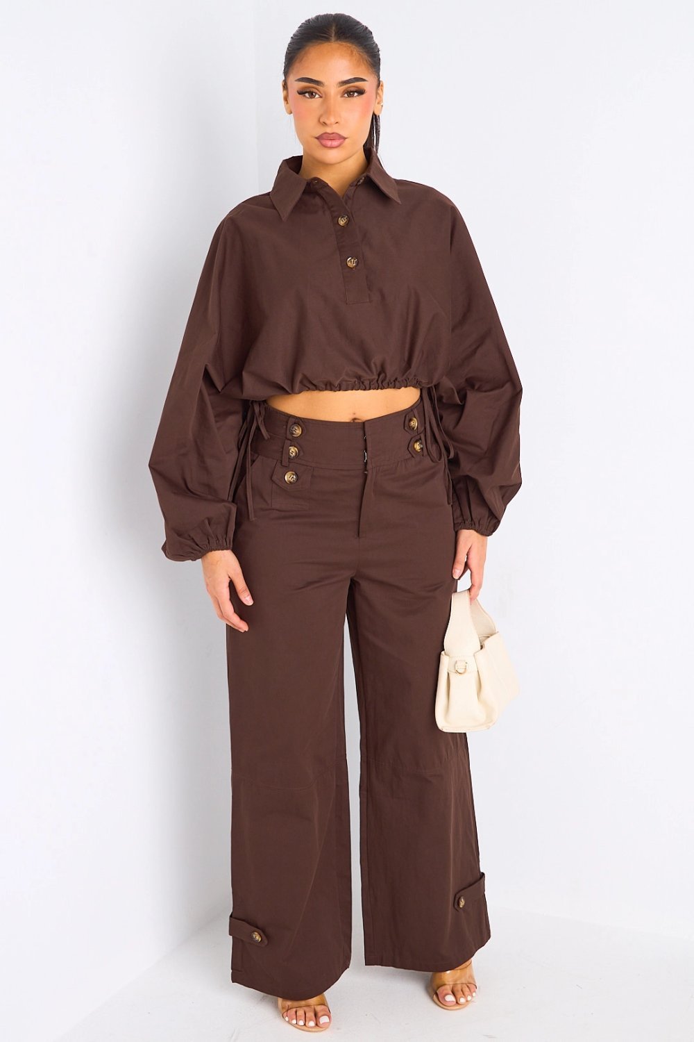 Ensemble chemise mzayra w pantalon qahwi