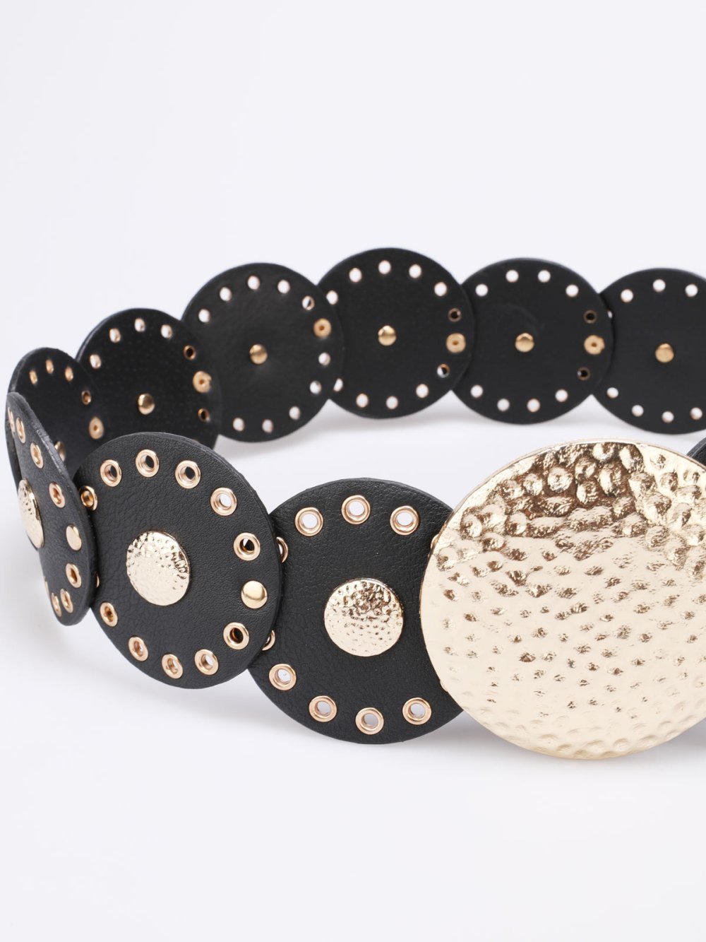 Black faux leather studded disc belt