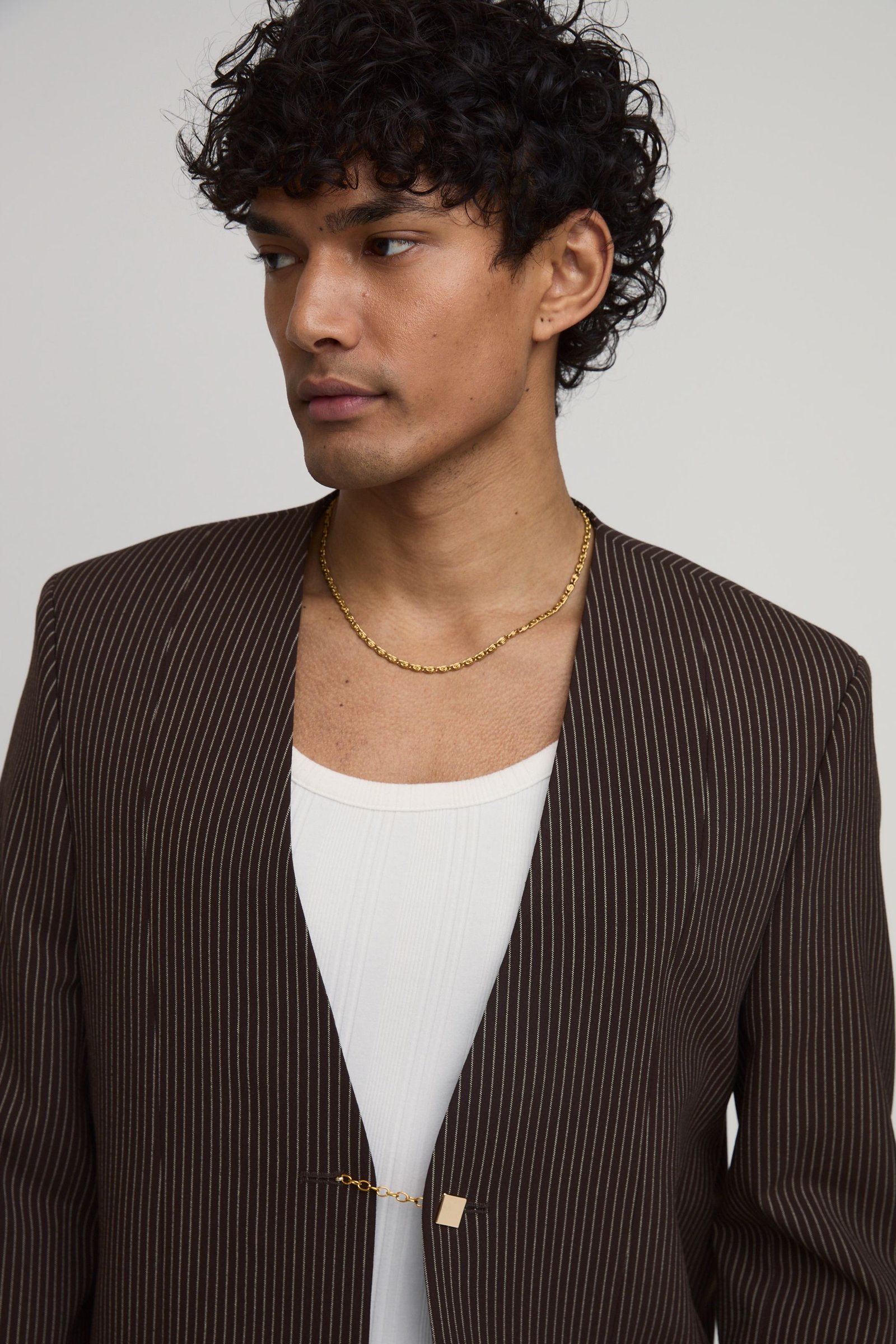 Boxy Oversized Collarless Pinstripe Blazer