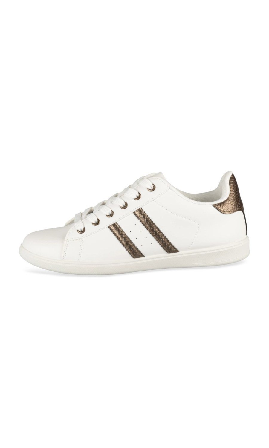 White sneakers with bronze side stripes