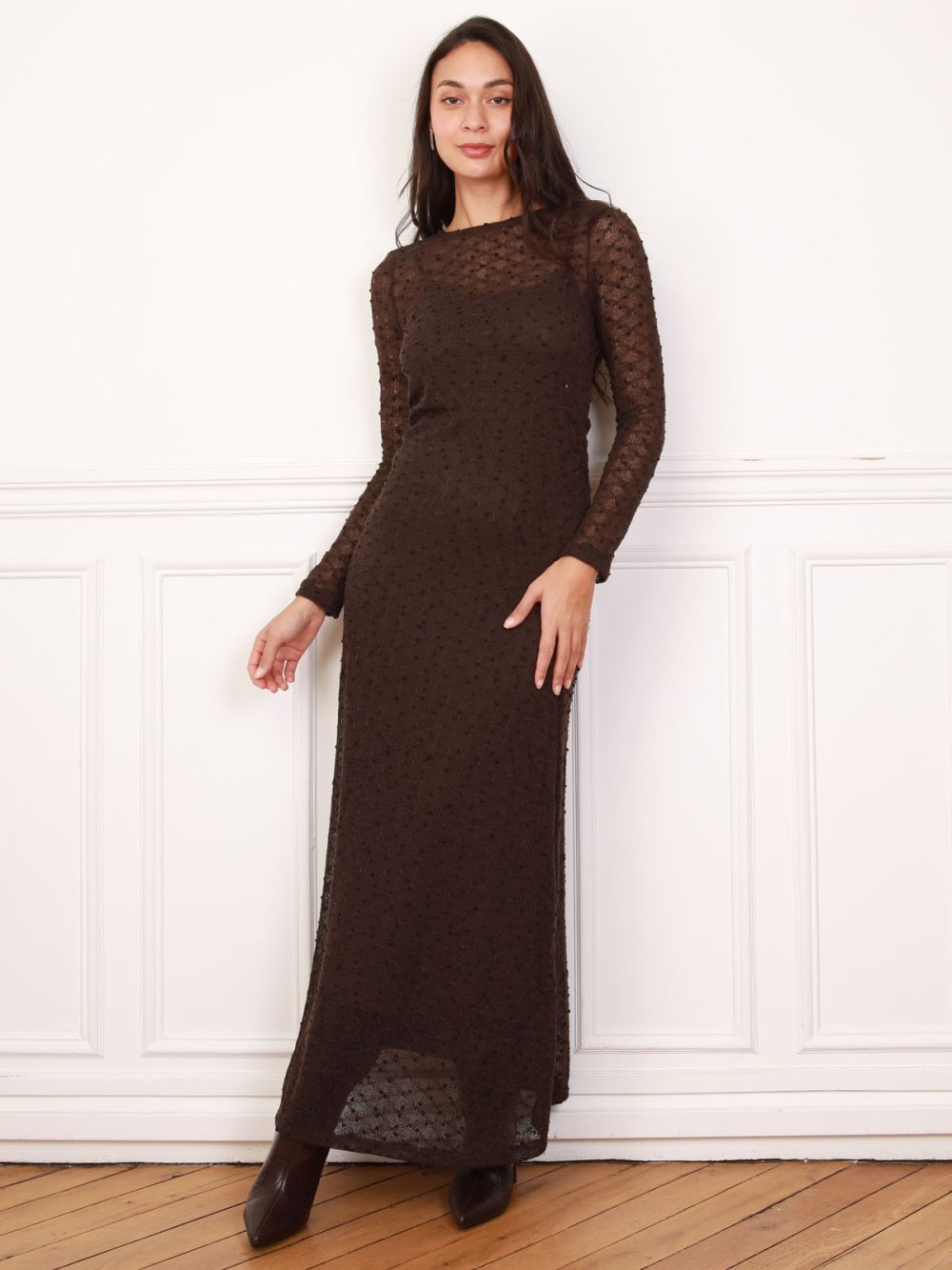 Robe longue en crochet doublée marron