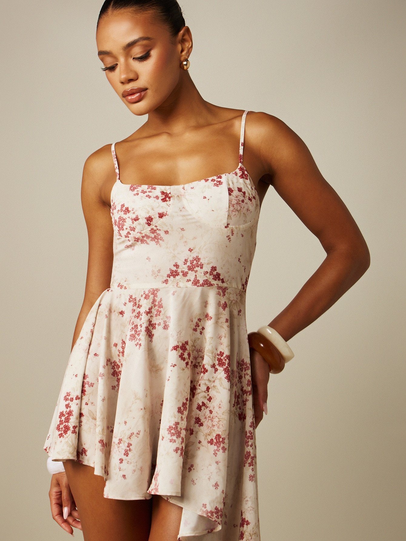 Floral chiffon mini dress with asymmetric side drape
