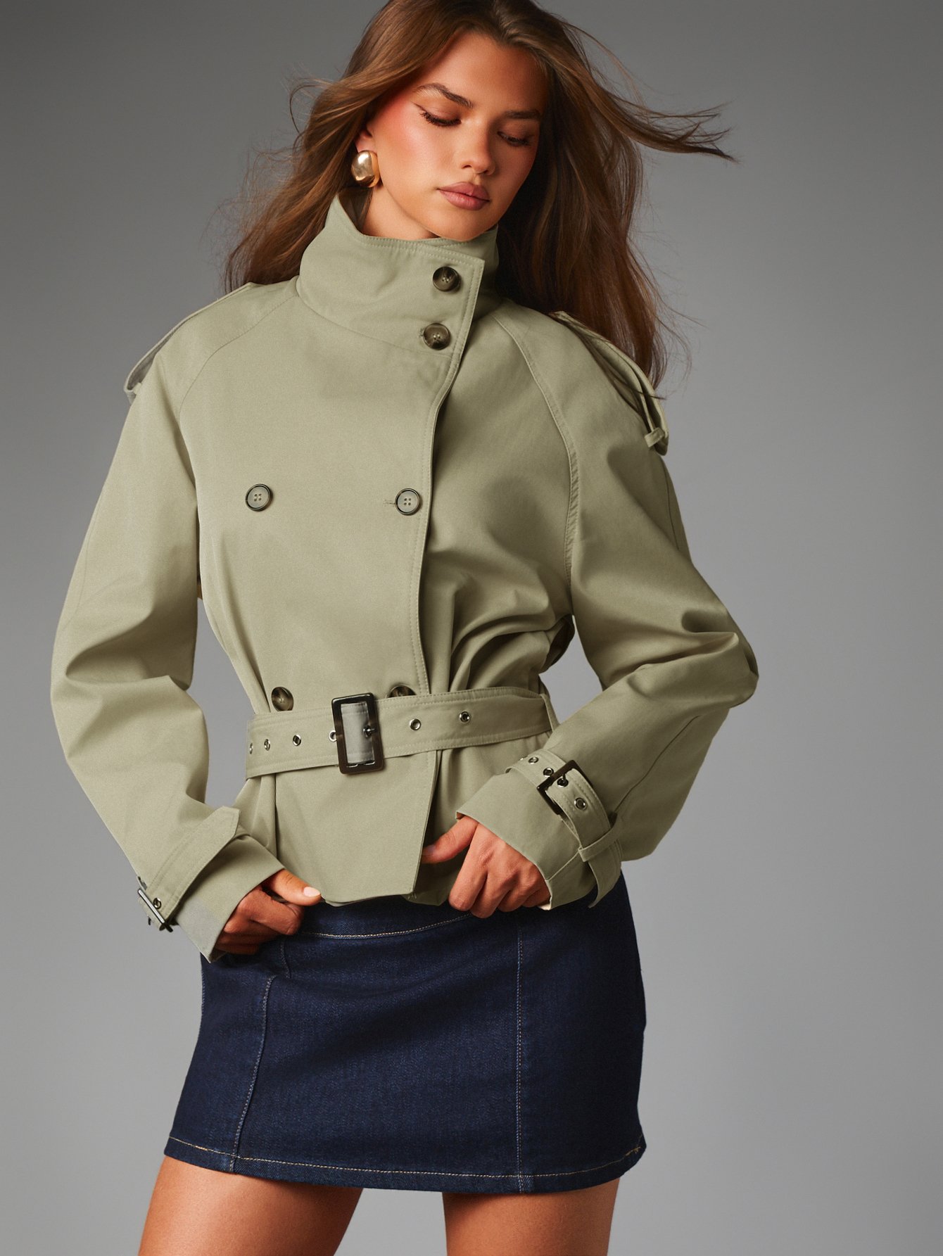 Veste Trench Courte Avec Ceinture Et Col Montant