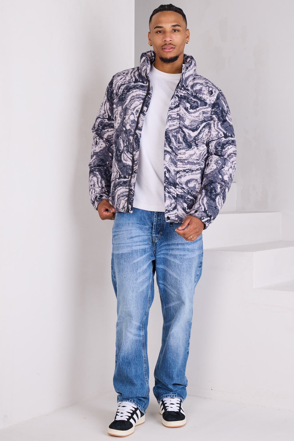Dark grey marble-print puffer jacket