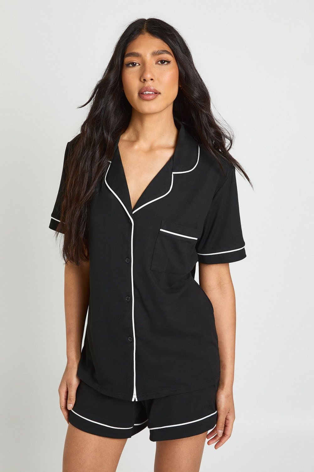Jersey shirt and shorts pyjama set with piping - Tall