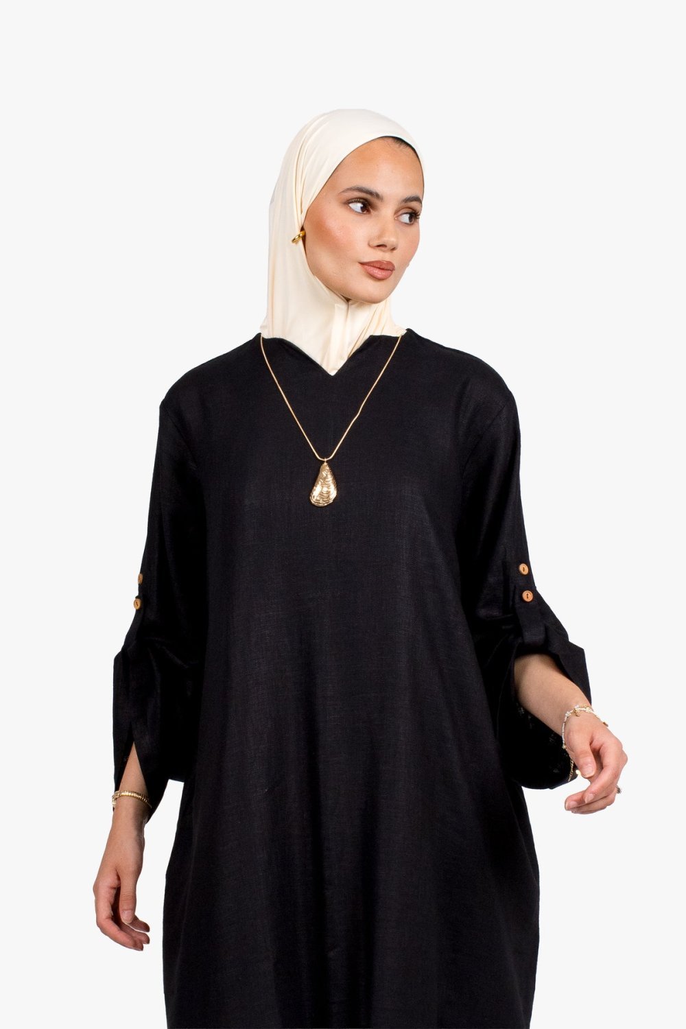 Abaya lin et coton à manches boutonnées - Noir