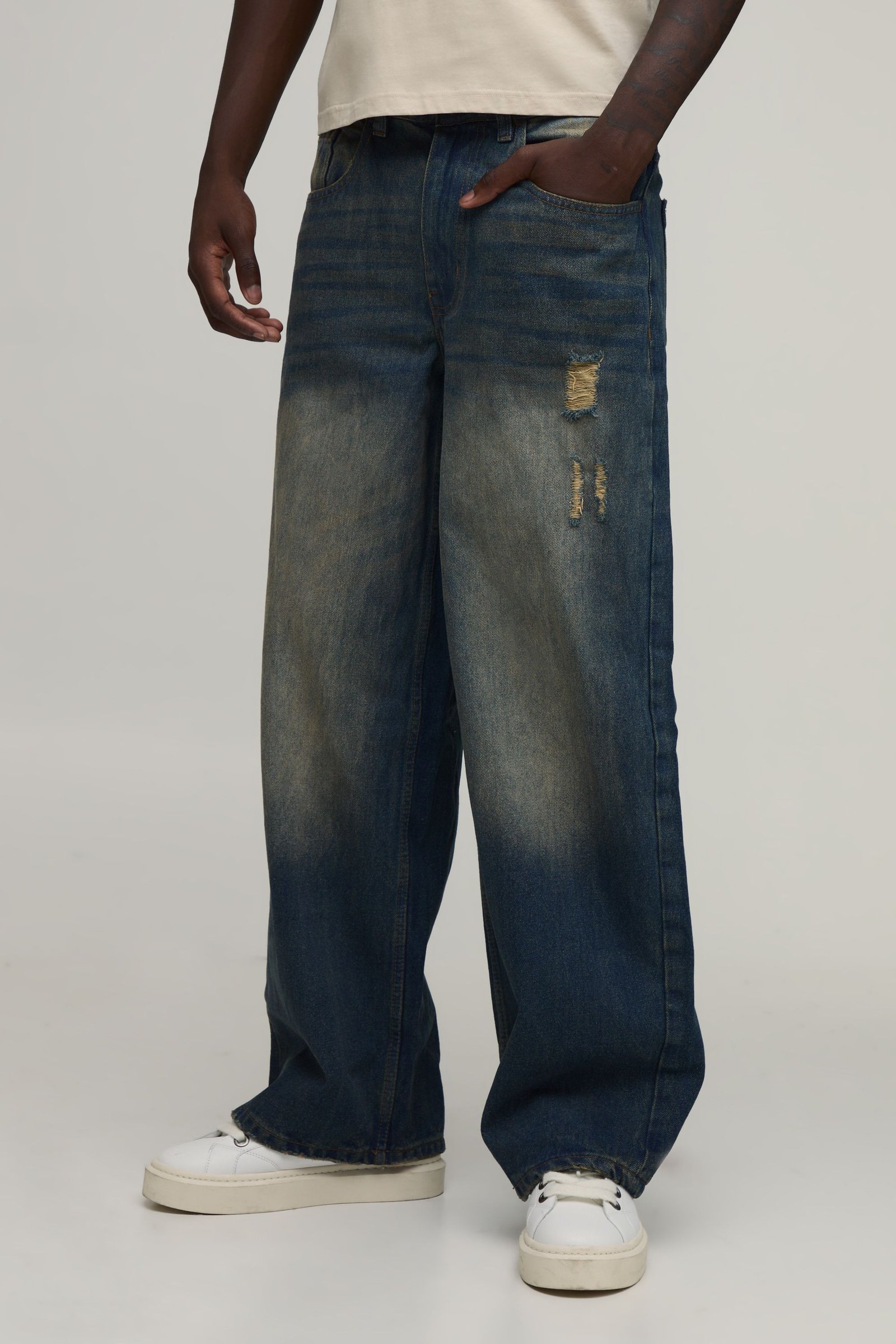 Jean Baggy Délavé Teinté Effet Usé