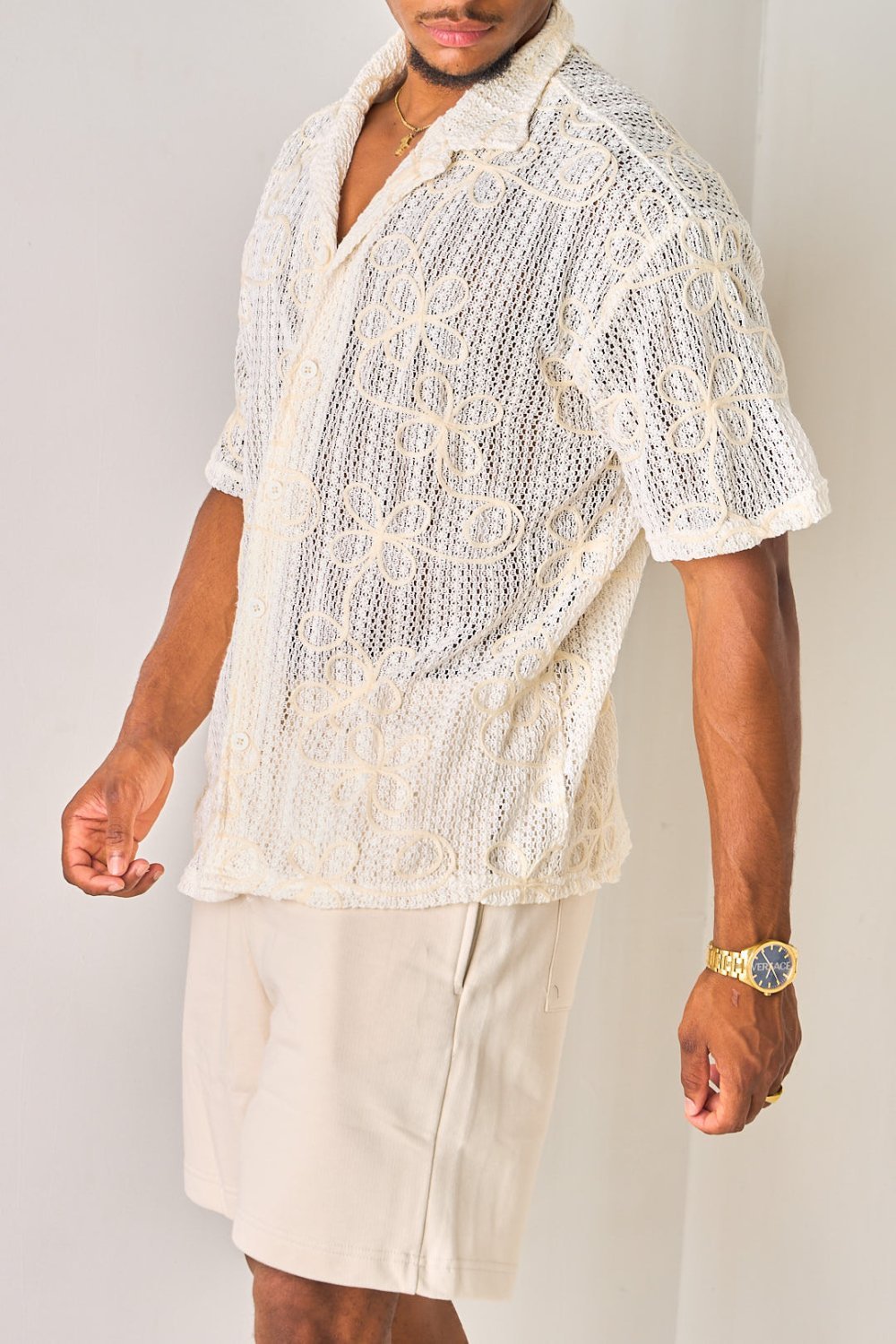 Chemise en maille brodée beige