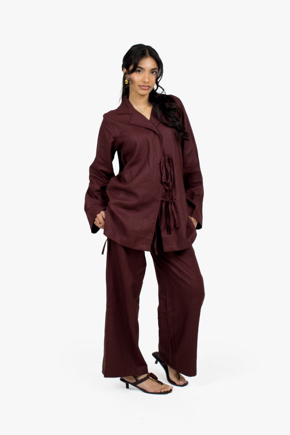 Wide-leg linen cotton trousers - Chocolate