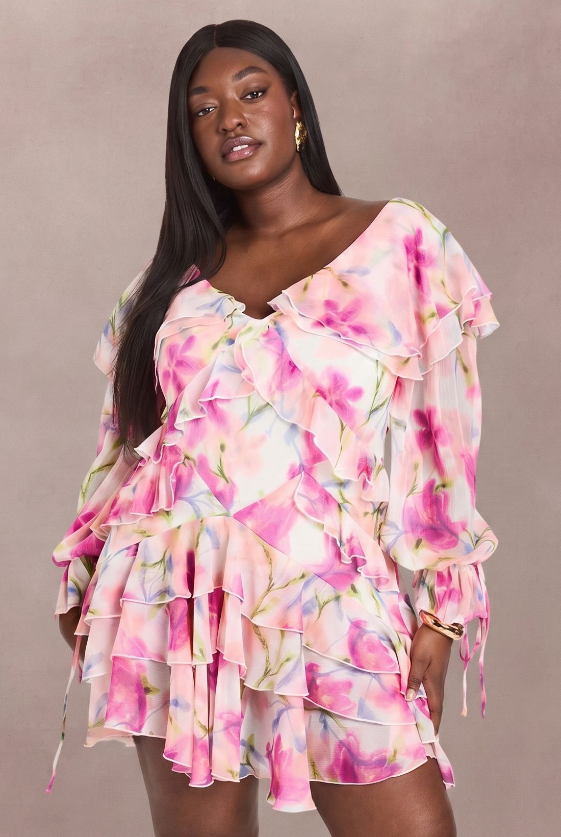 Robe mini plus size mousseline b volants w imprimé floral