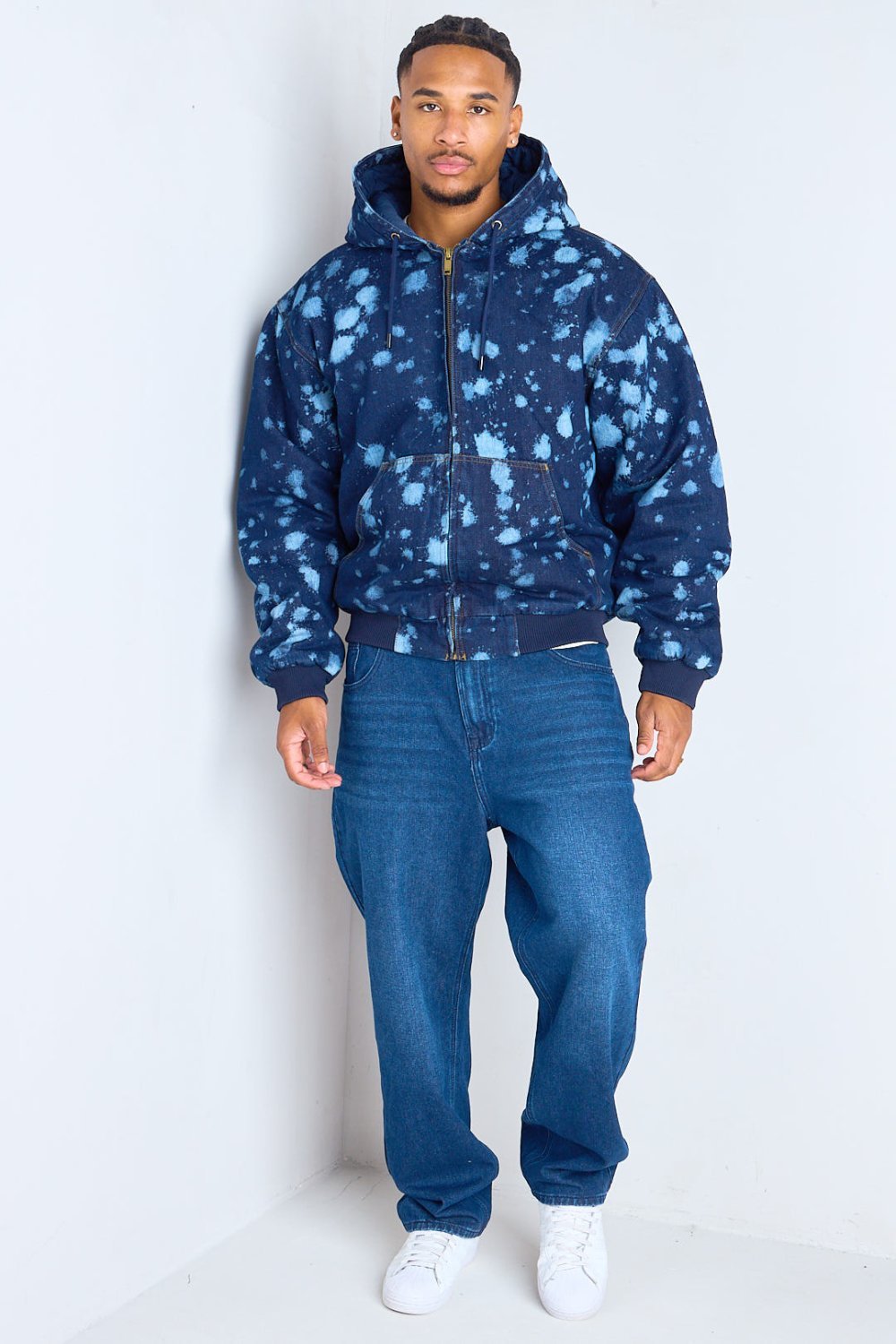 Dark blue splash-effect hooded denim jacket