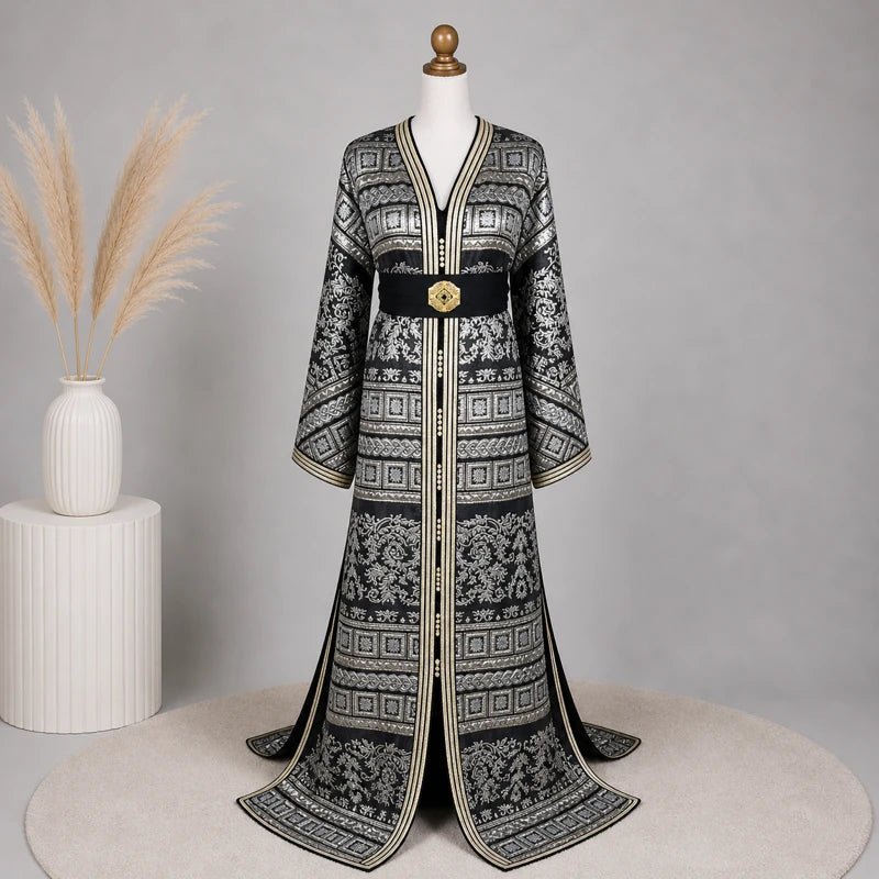 Black brocade caftan with gold and silver motifs