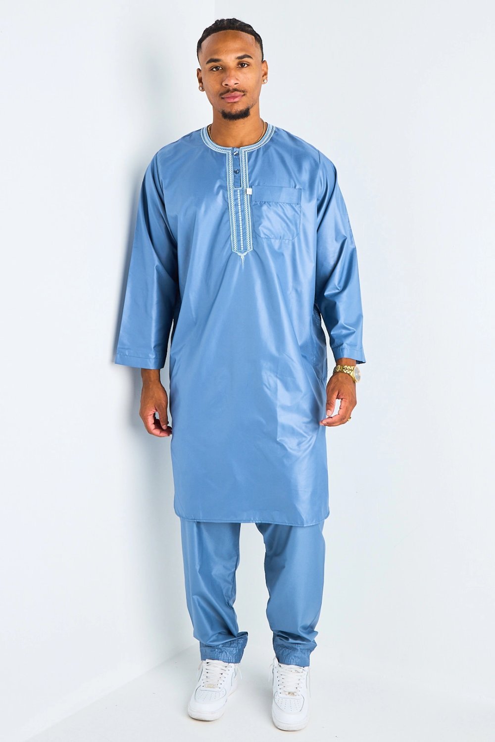 Light blue Aztec print qamis and trousers set