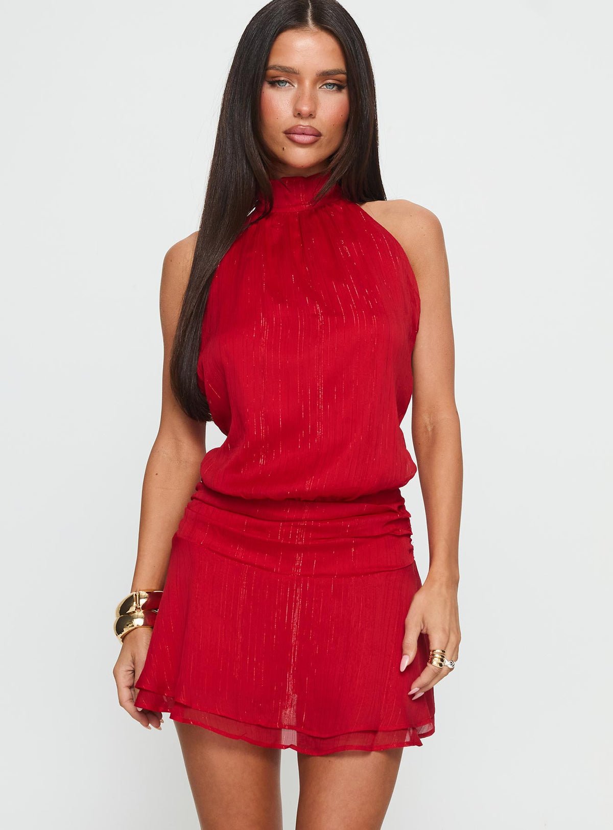 Backless halter playsuit, metallic thread