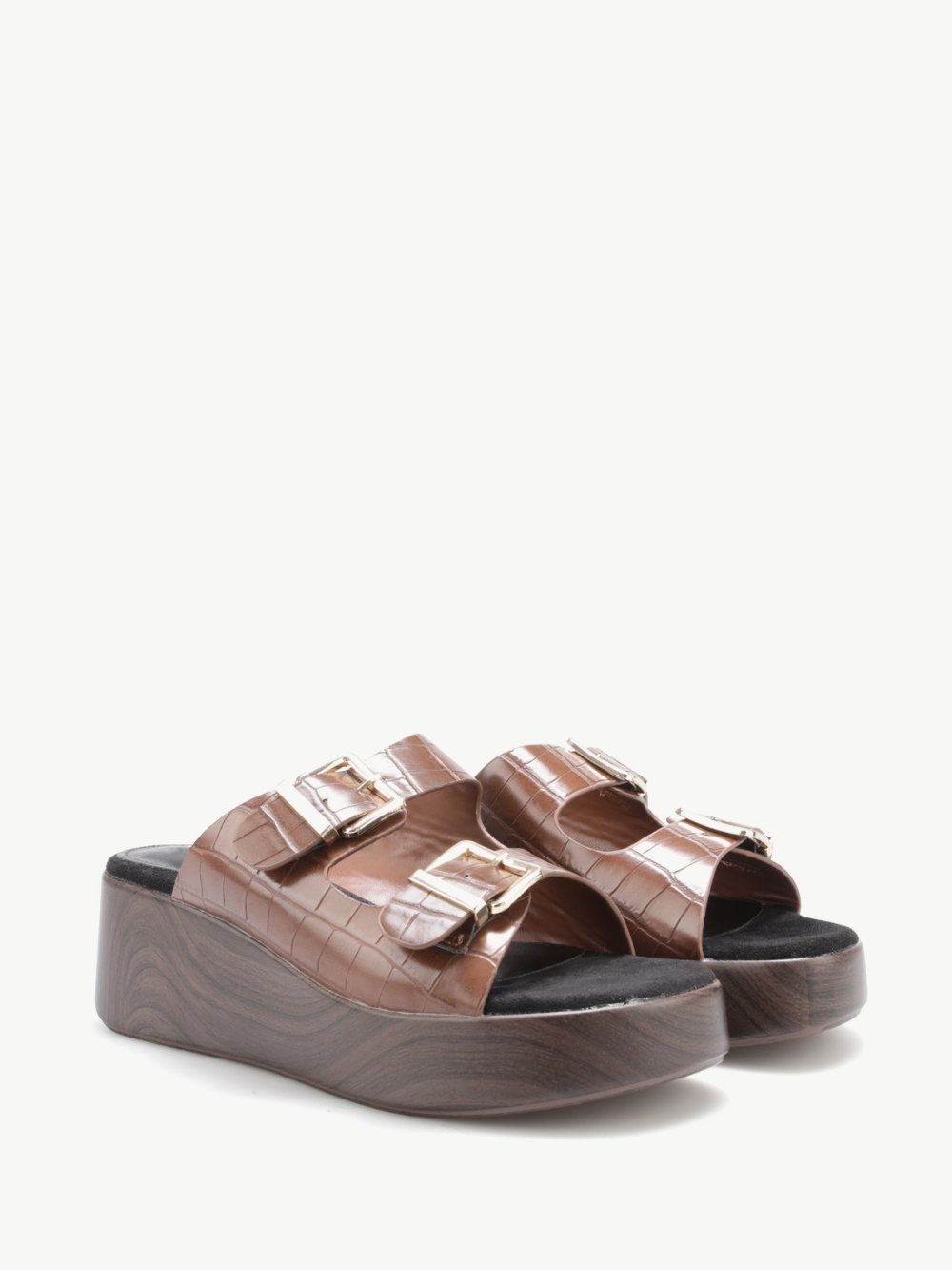 Camel croc-effect mules with wood-look platform