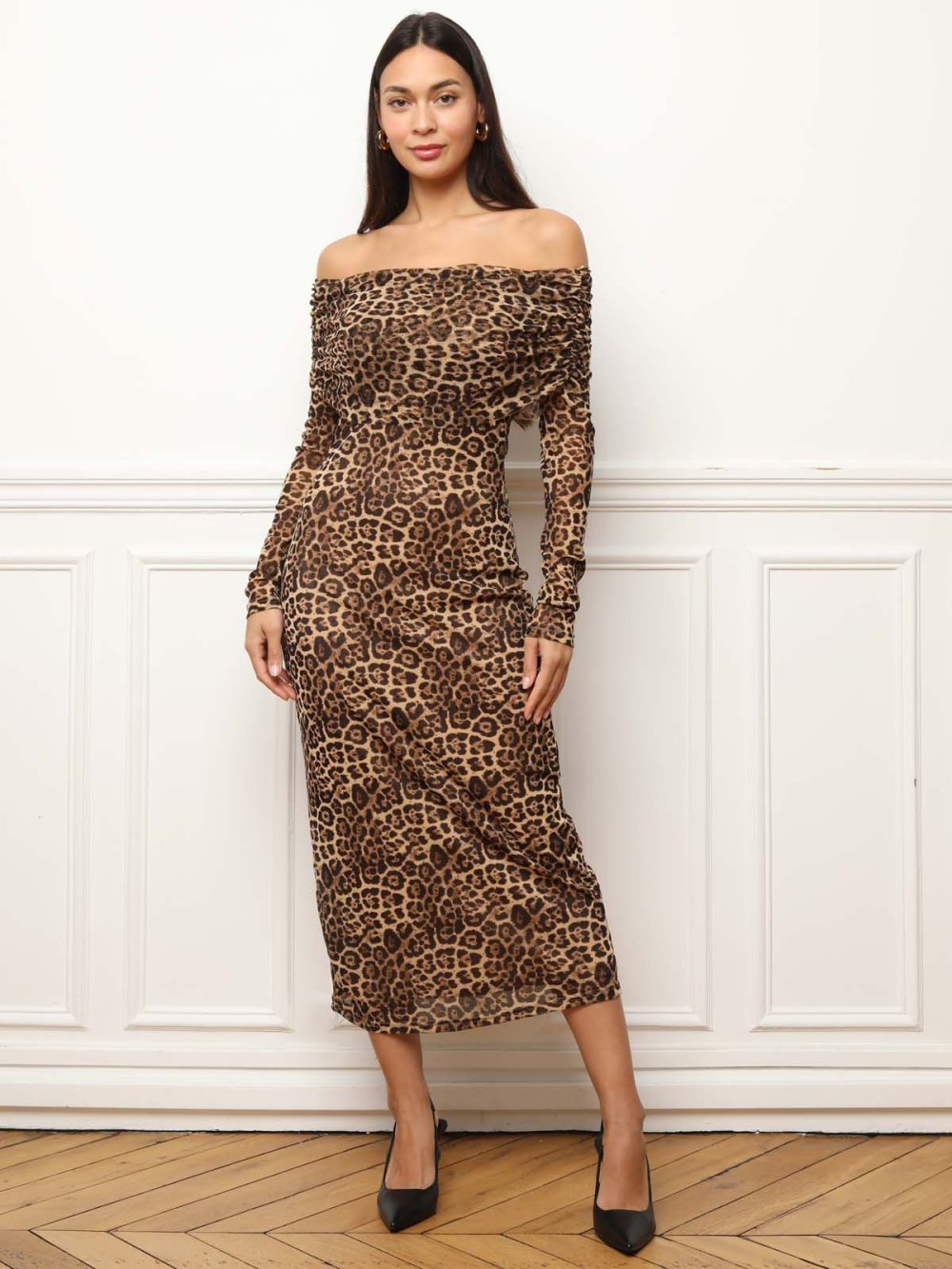 Robe longue col bardot imprimé animal