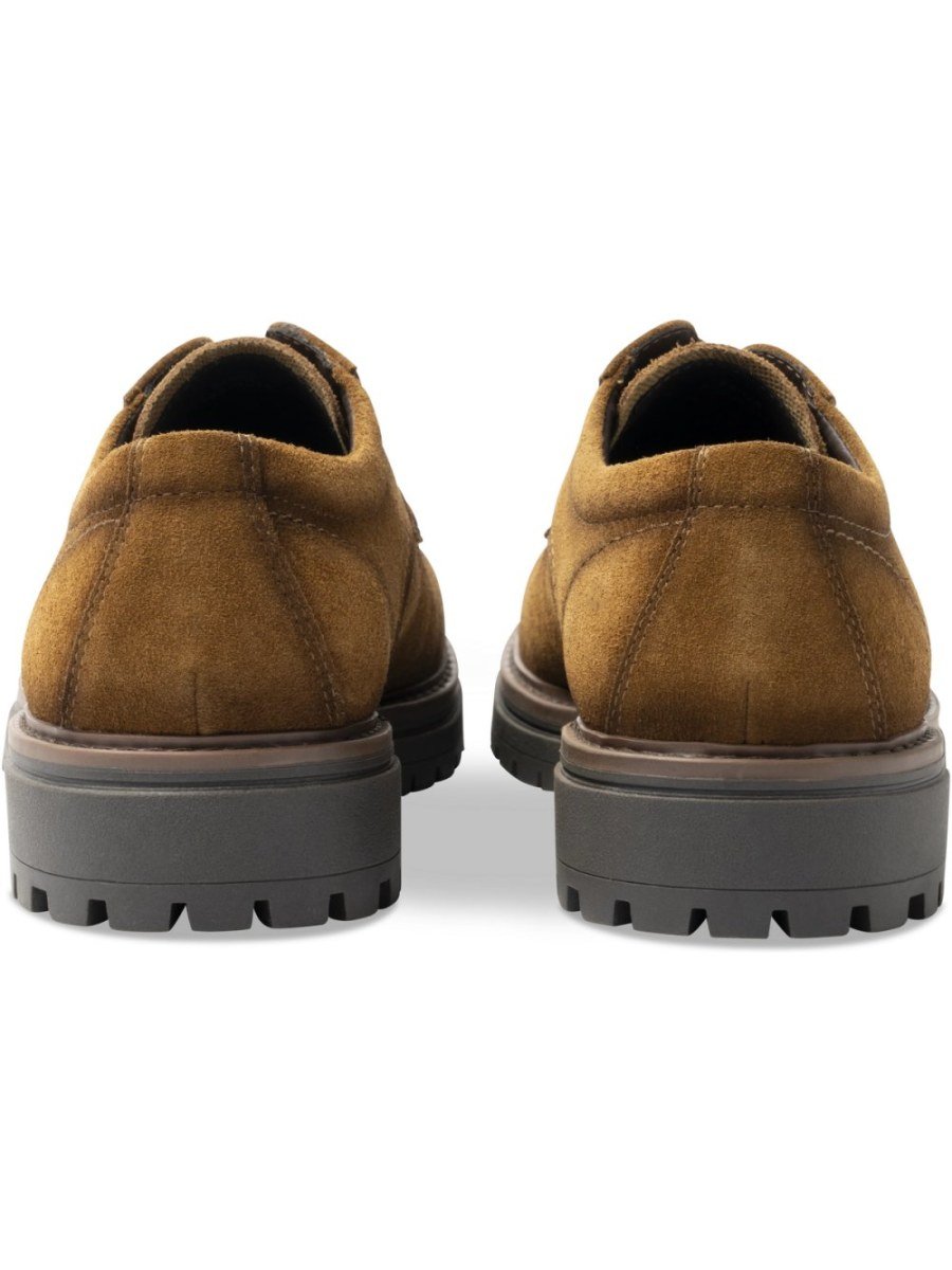 Camel moc-toe derbies, lug sole