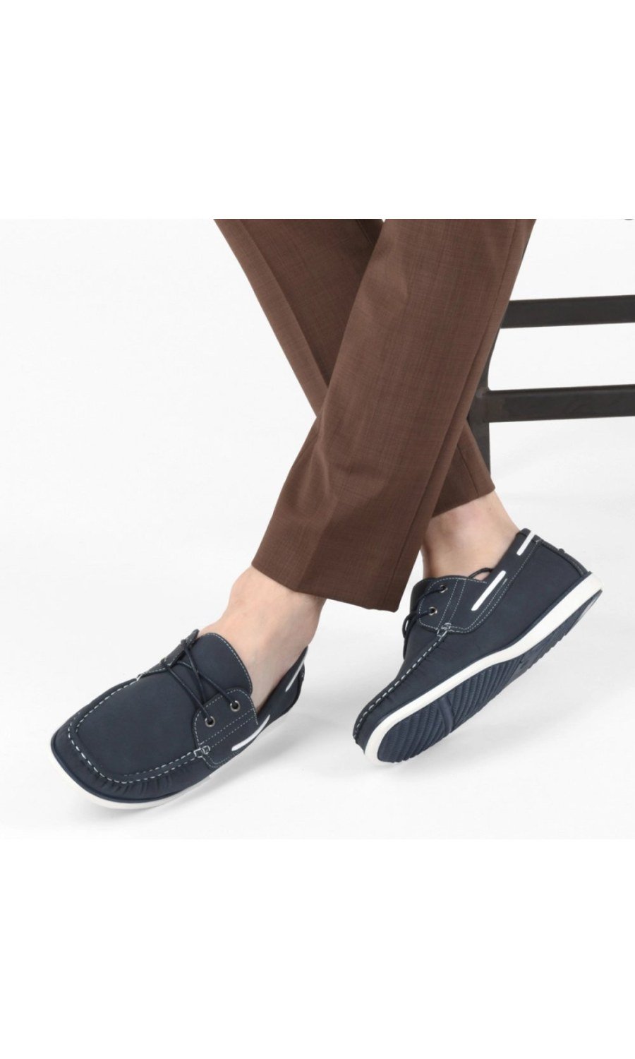 Navy boat shoes with white lace