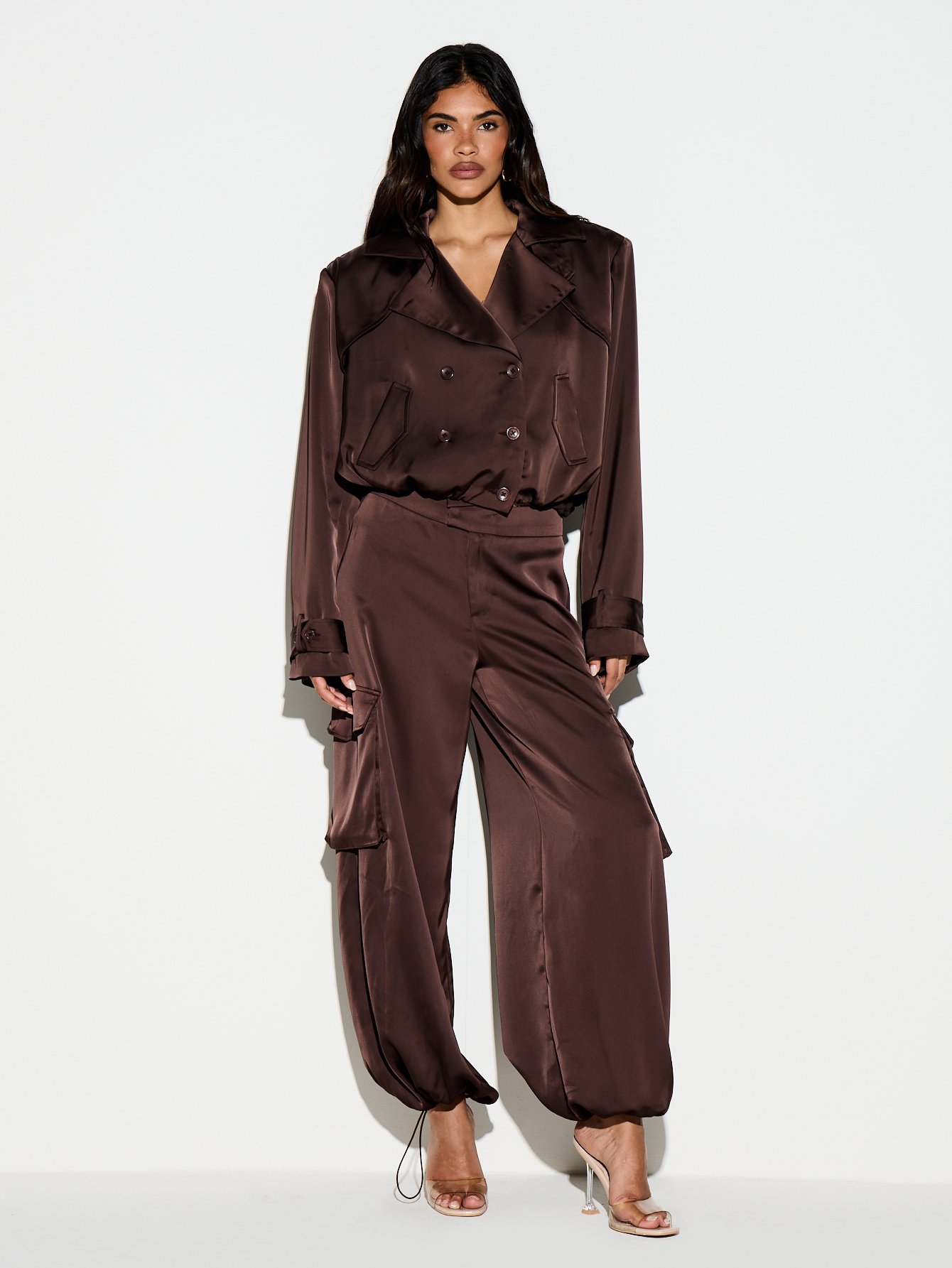 Satin double-breasted cropped trench jacket