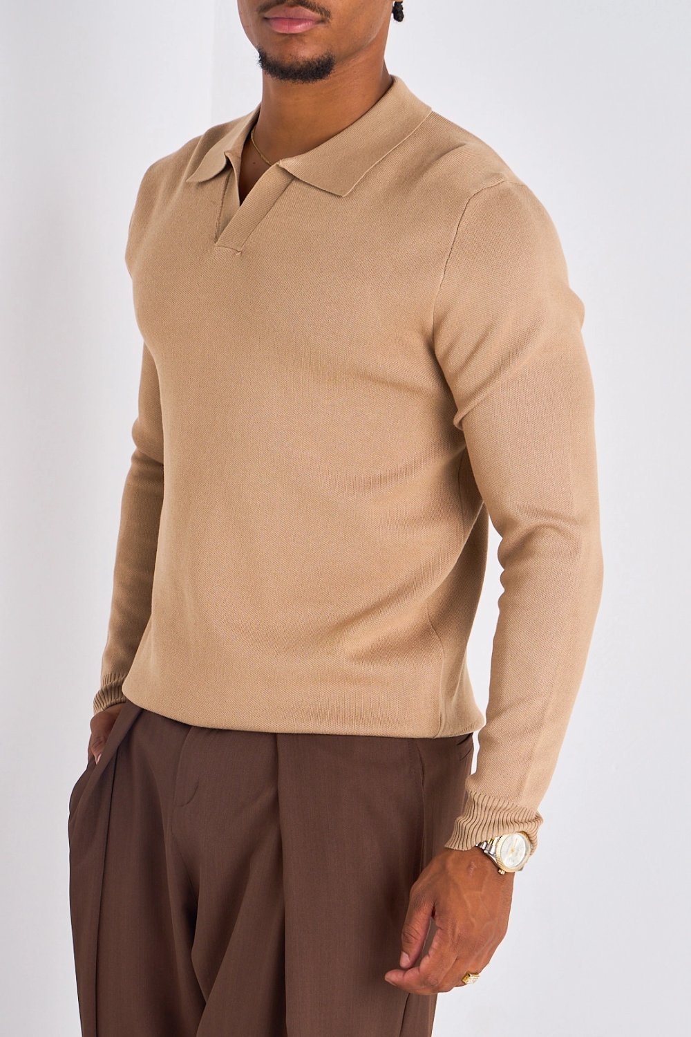 Beige plain long-sleeved polo shirt