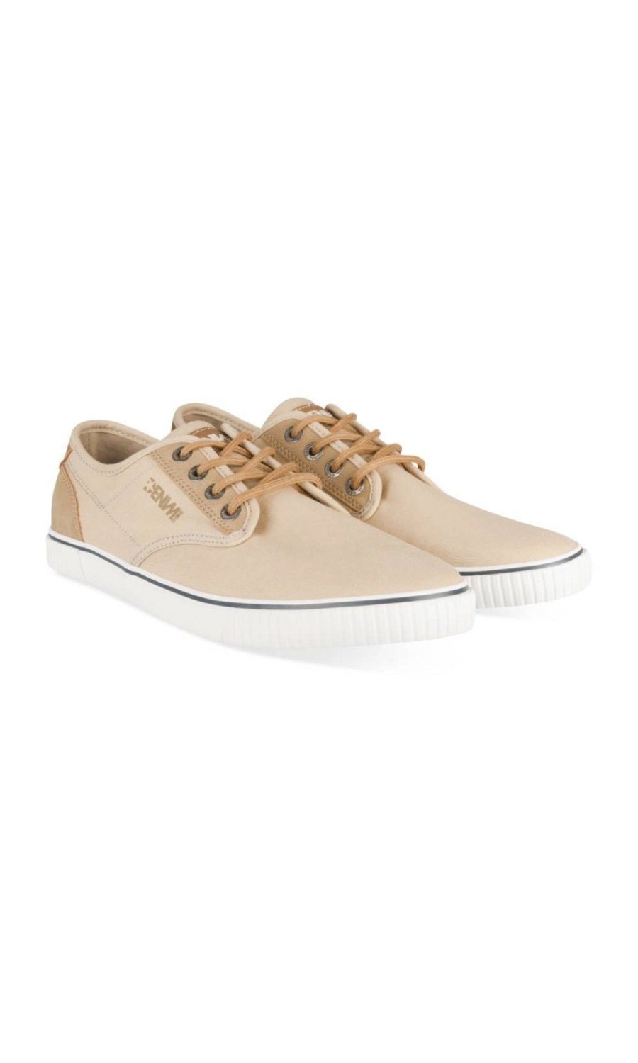 Beige canvas sneakers with tan heel tab