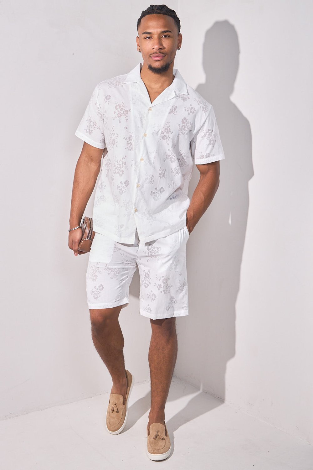 White sheer-flower shirt and shorts set