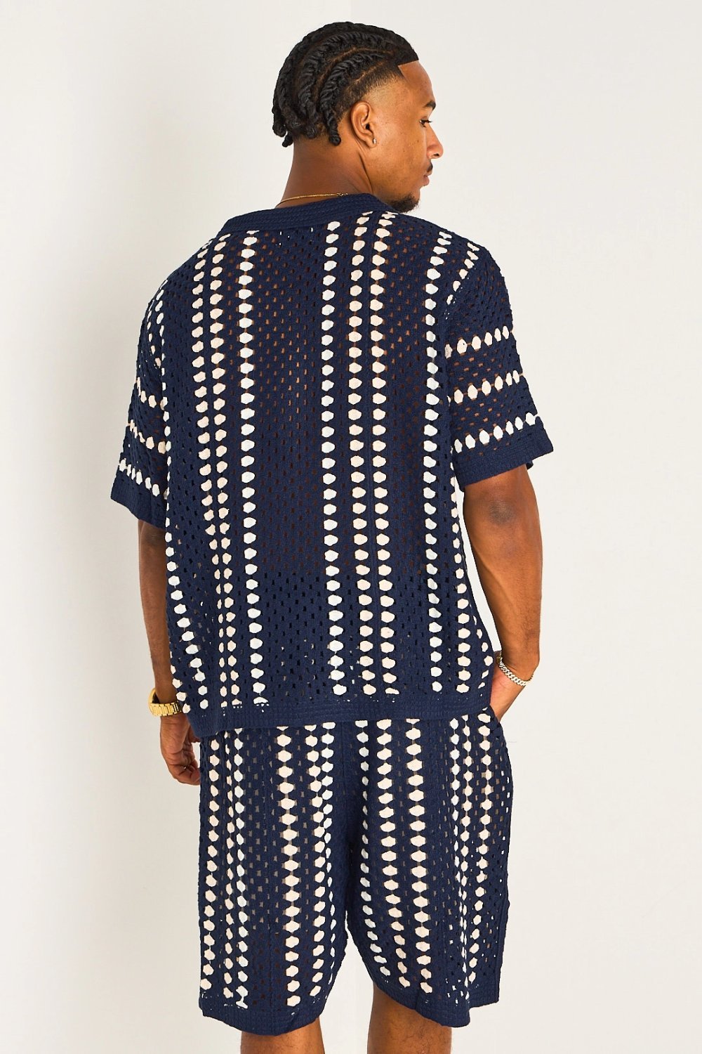 Navy striped crochet shirt and shorts set