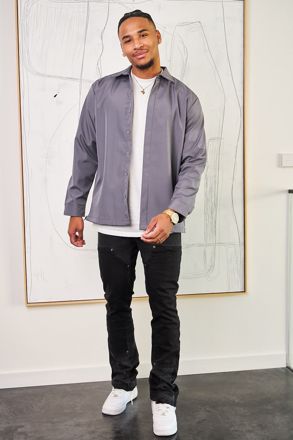 Charcoal loose-fit textured shirt with zips