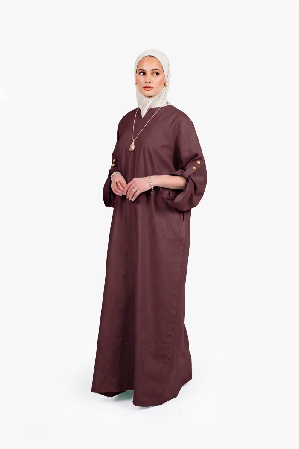 Button-sleeve linen cotton abaya - Chocolate
