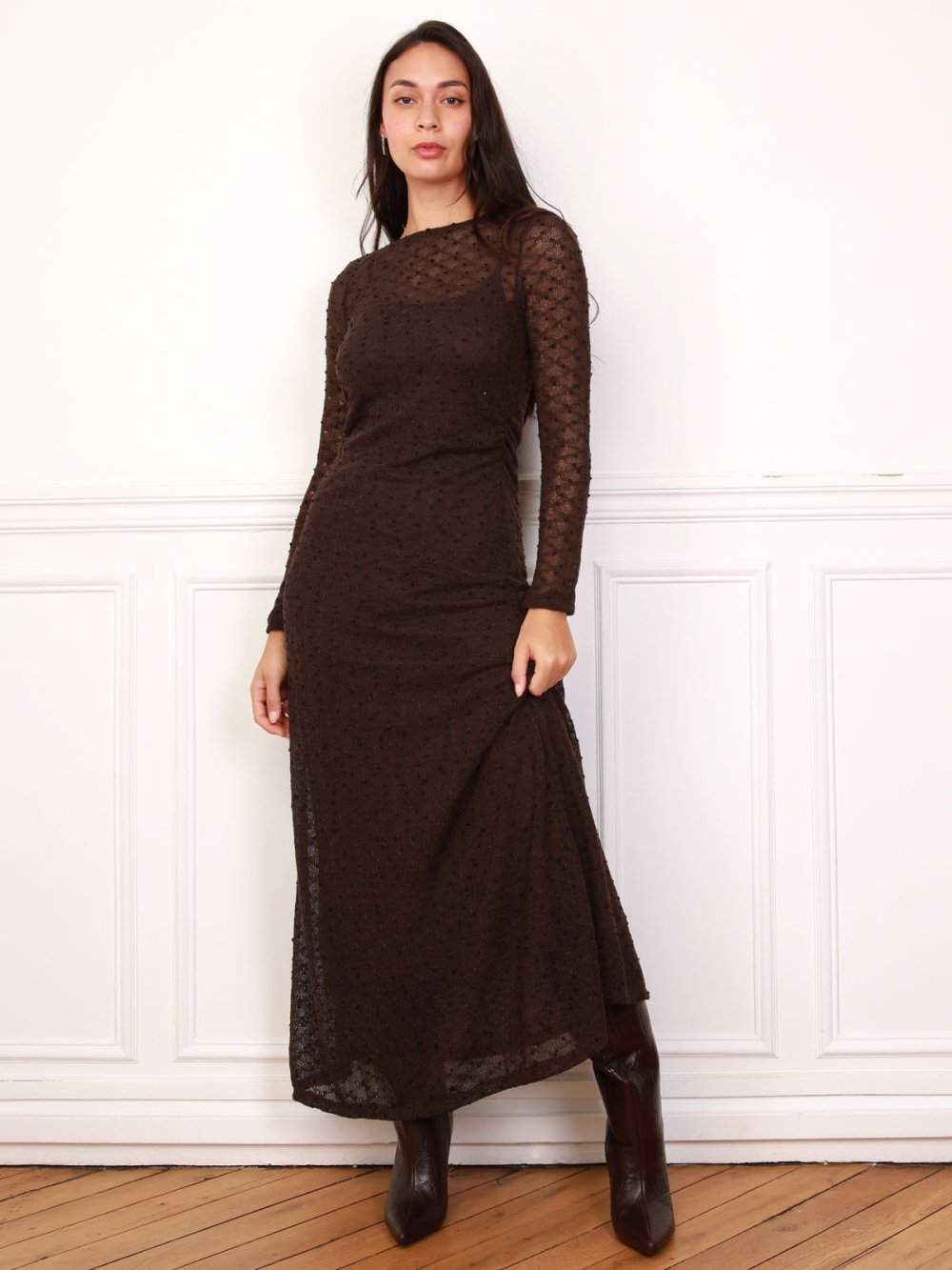 Brown lined crochet maxi dress