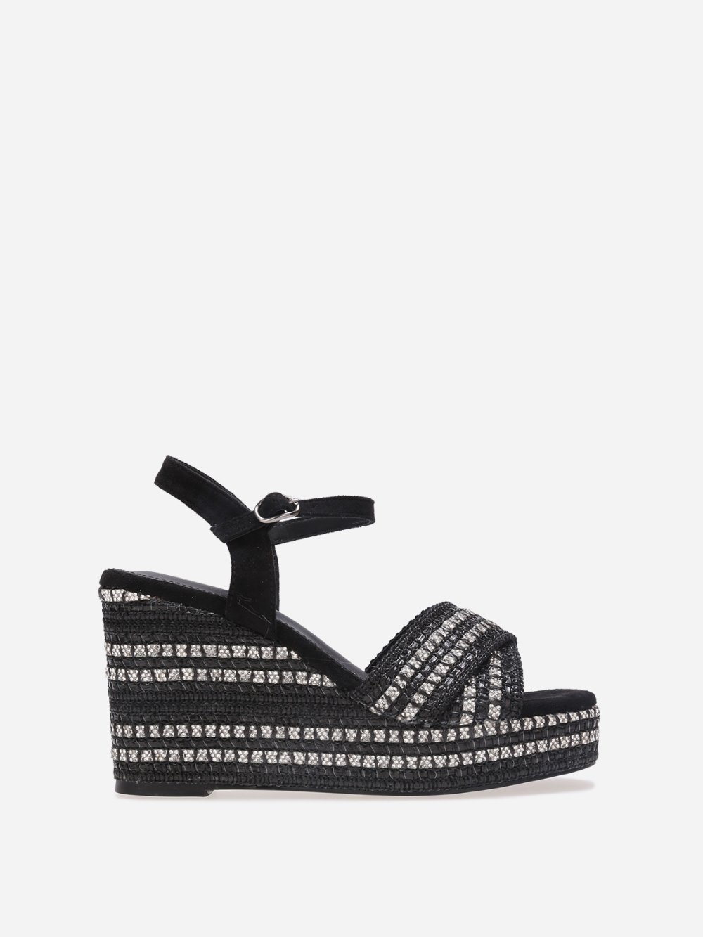 Black raffia wedge sandals with rhinestones