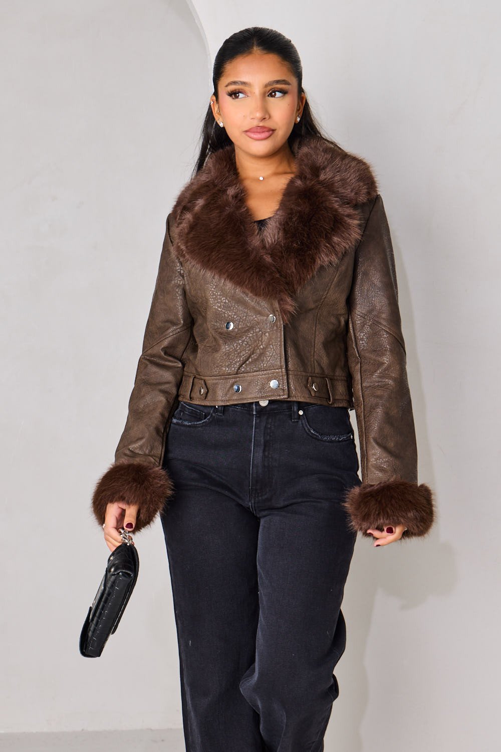 Perfecto effet croco w fourrure marron