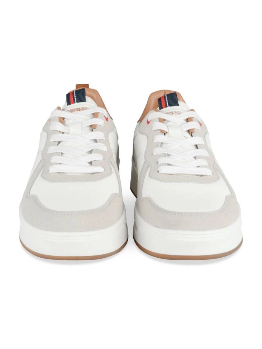 White retro sneakers with tan heel tab