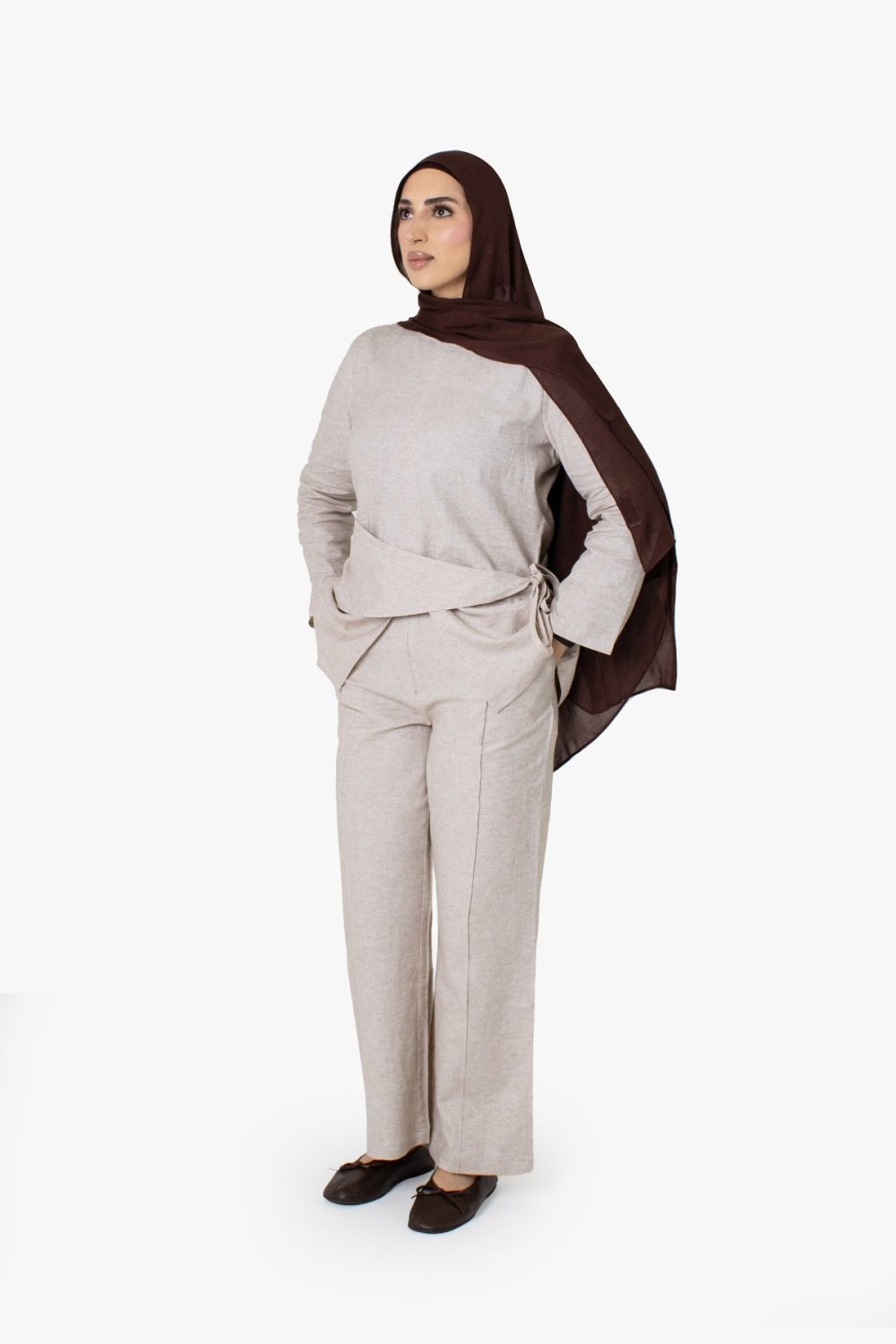 Straight-leg linen cotton trousers - Light beige