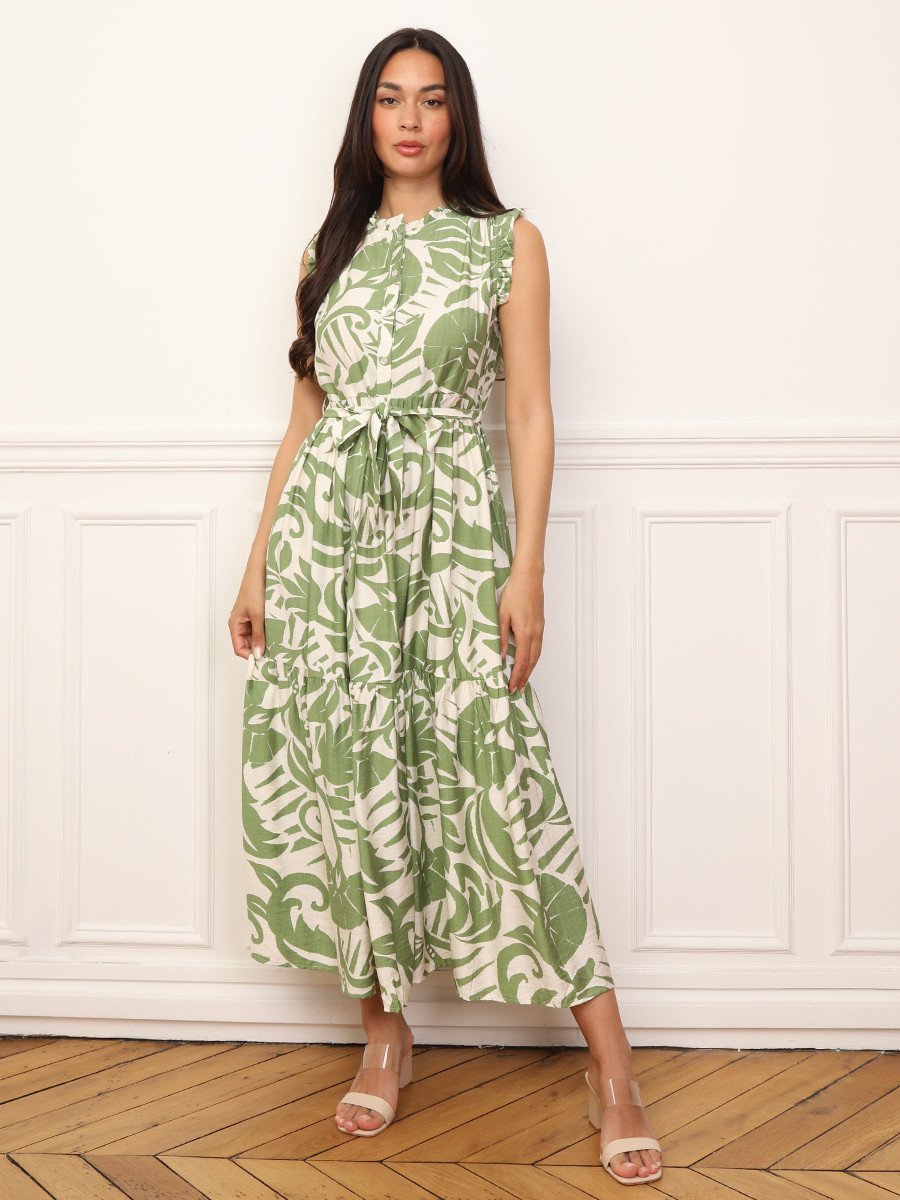 Robe longue imprimée à volants et ceinture vert clair