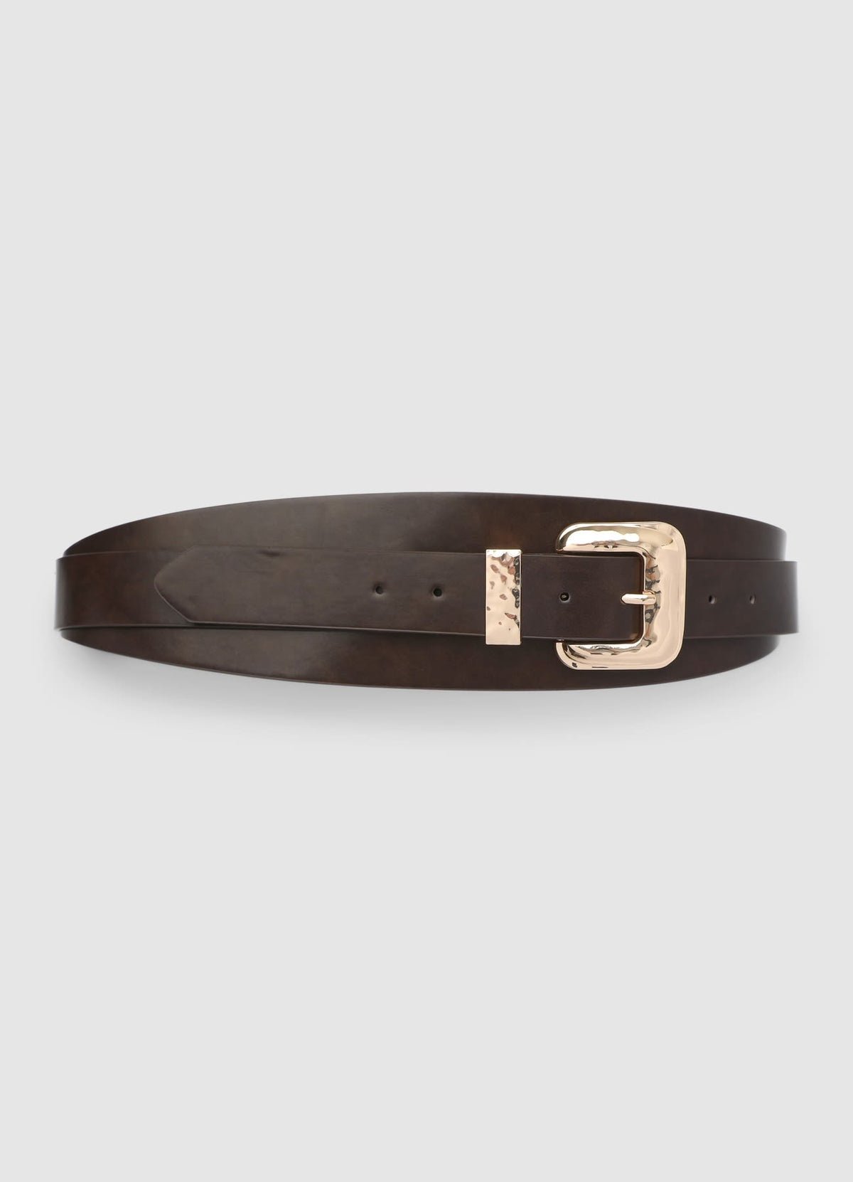 Wide belt with hammered gold buckle