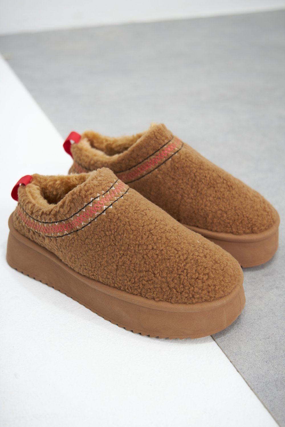 Camel fur-lined wedge slipper boots