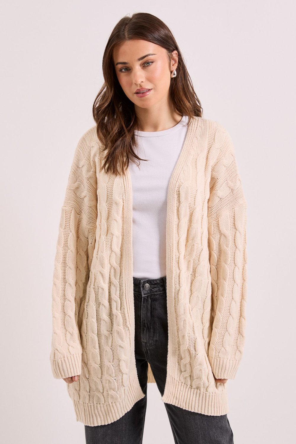 Cardigan long torsadé ouvert crème