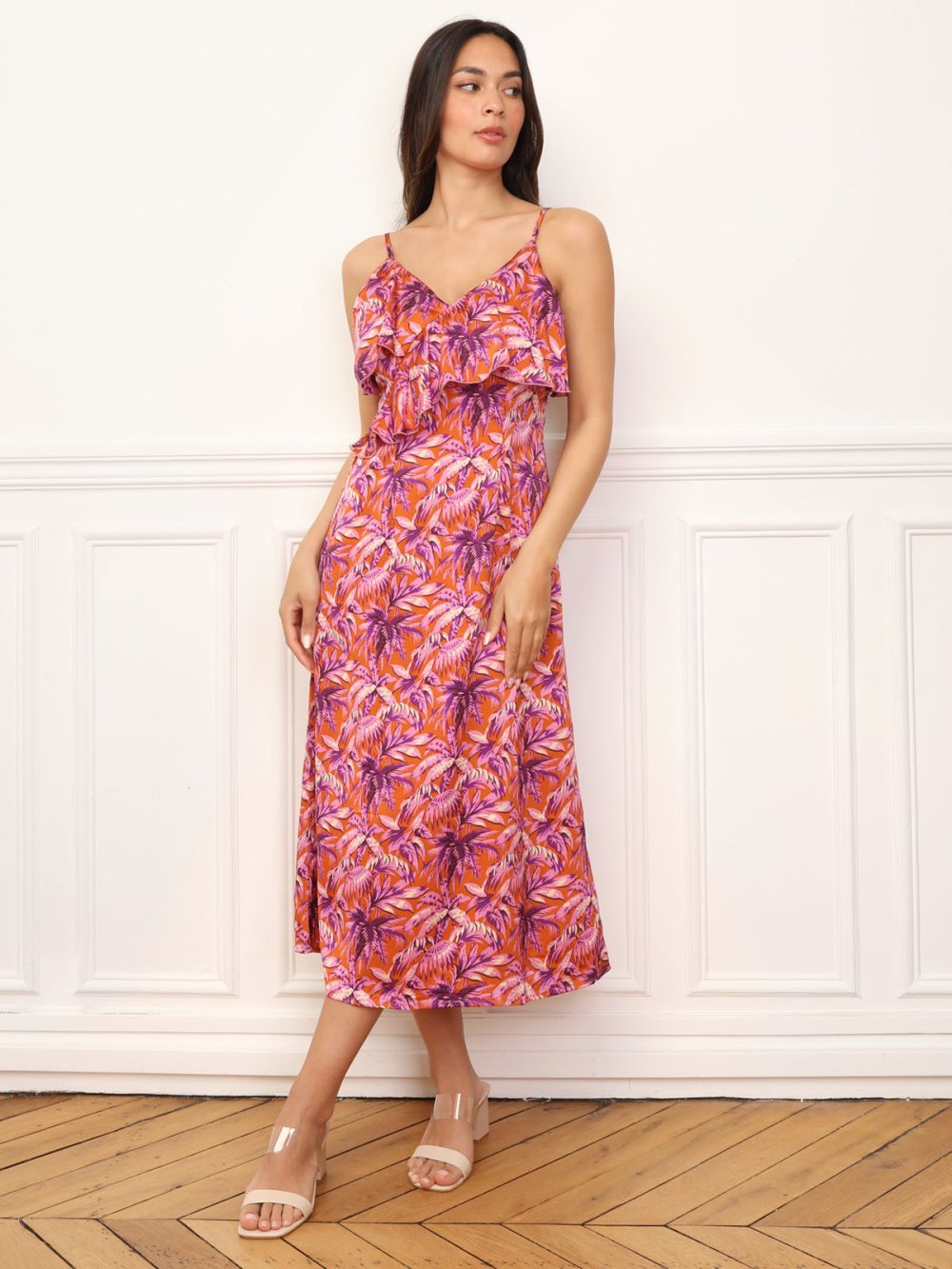 Orange palm print maxi dress with ruffles
